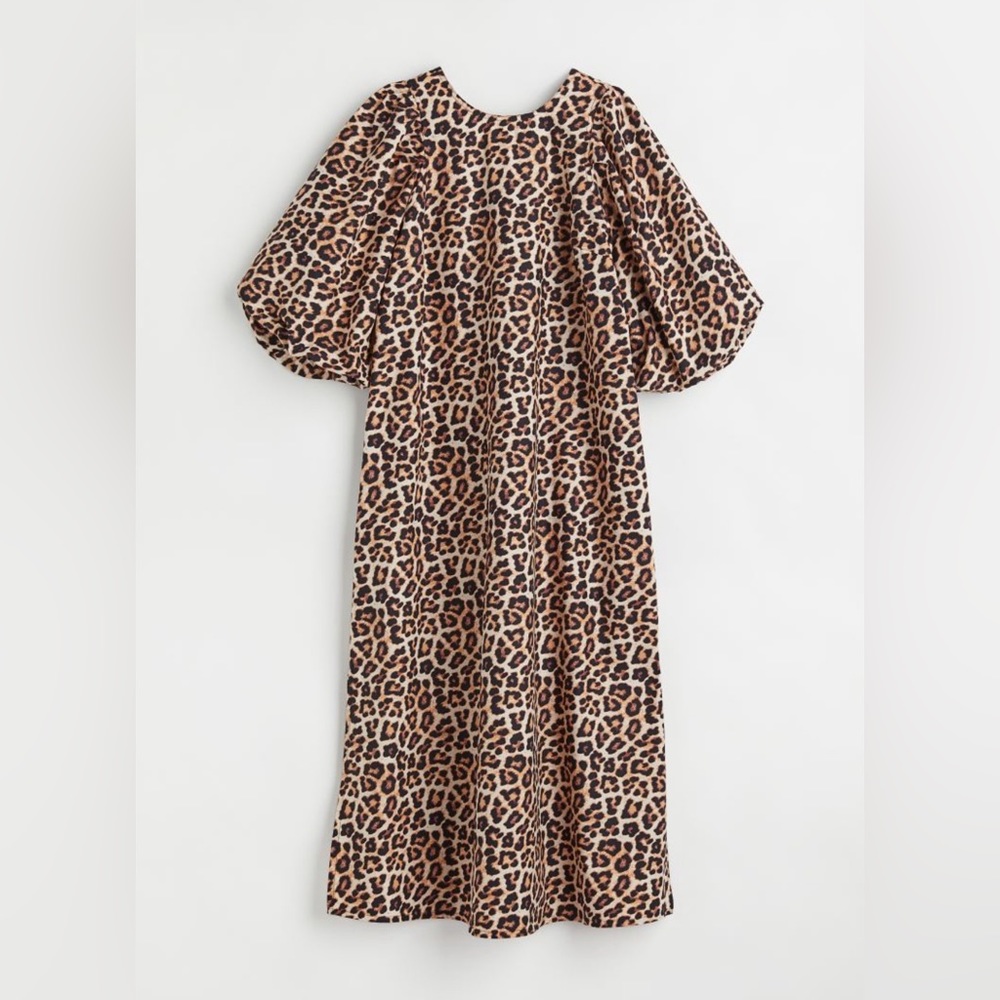 H&M Puff Sleeve cotton Leopard midi dress, size L